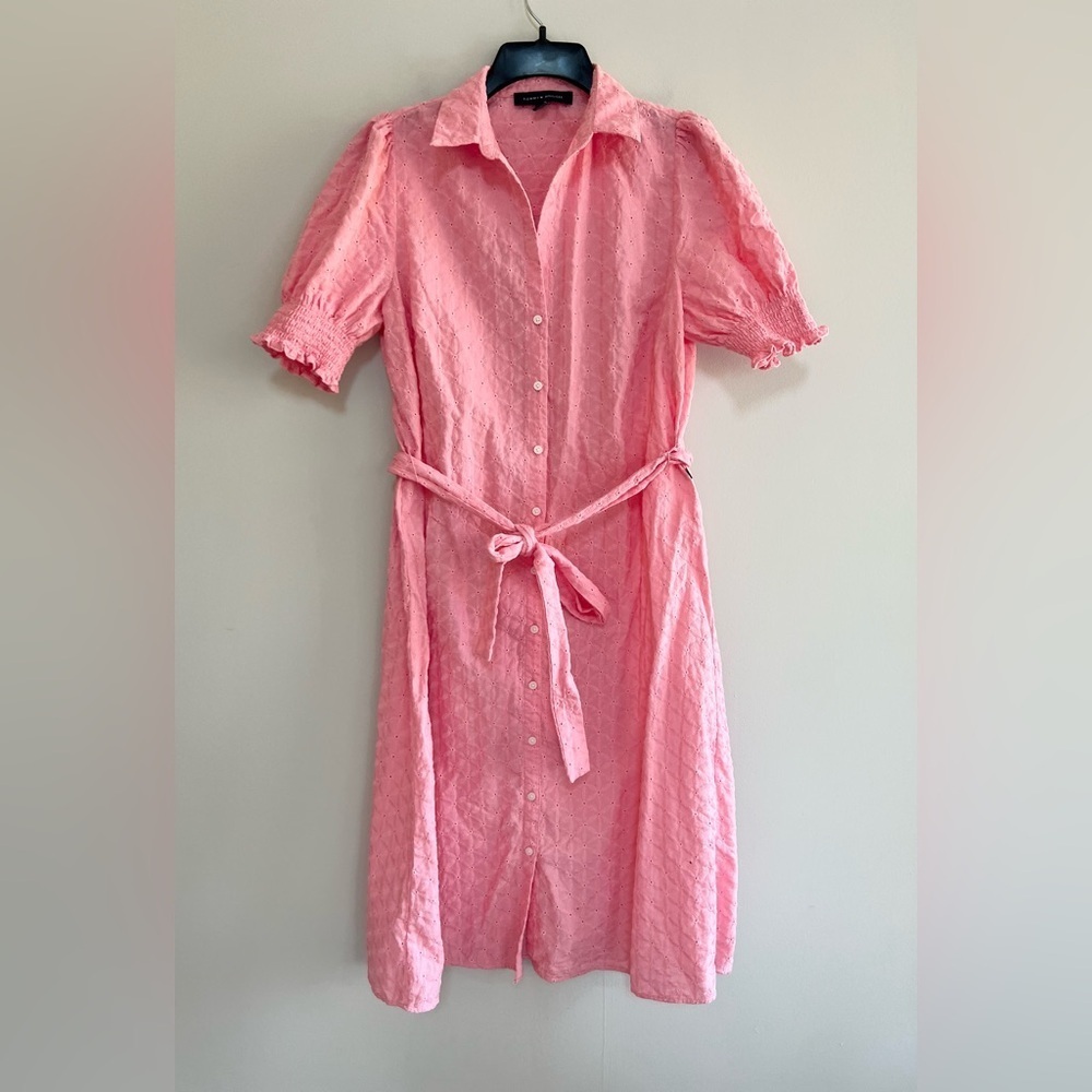 Tommy Hilfiger Short Puffed Sleeve Cotton Eyelet Midi Dress in Pink, size M